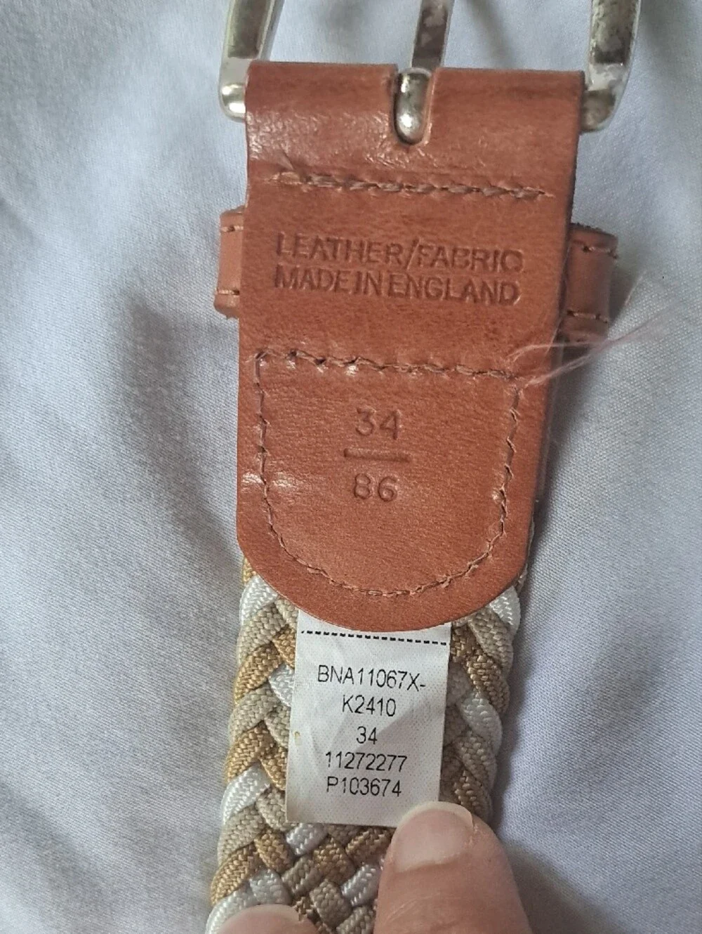 Stretchy Braided Adjustable Belt W/ Leather Trim And Solid Brass Buckle Size 34